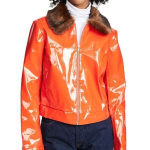 STAUD Citrine Dion Patent Orange Cropped Jacket